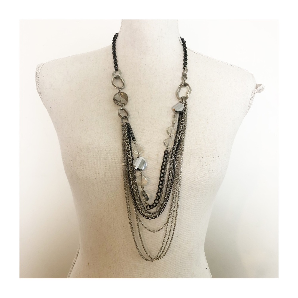 SIMPLY VERA WANG Gun Metal & Silver tone Multilayered Chain Jeweled Necklace